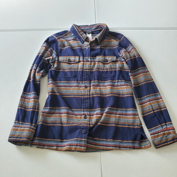 Patagonia Tops - Patagonia Shirt Womens 0 Blue Striped Organic Cotton Button Up Flannel Western